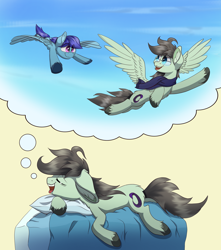 Size: 3508x3960 | Tagged: safe, artist:yudhaikeledai, oc, oc only, oc:paradox, oc:sierra nightingale, pegasus, pony, dream, drool, flying, high res, siblings, solo