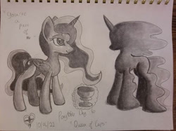 Size: 414x310 | Tagged: safe, artist:starsongdusk, princess luna, tantabus, alicorn, pony, g4, date, duo, female, glass, grayscale, magic, mare, monochrome, ponytober, simple background, telekinesis, traditional art, wine glass