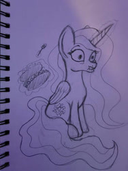 Size: 263x350 | Tagged: safe, artist:starsongdusk, princess celestia, alicorn, pony, g4, eating, ethereal mane, female, food, fork, herbivore, magic, mare, pancakes, ponytober, simple background, solo, telekinesis, traditional art