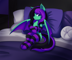 Size: 2026x1682 | Tagged: safe, artist:alunedoodle, oc, oc only, oc:mintybatty, bat pony, pony, bat pony oc, bat wings, bed, bedroom, clothes, colored wings, covering, lying down, lying on bed, on bed, shy, socks, solo, stockings, striped socks, tail, thigh highs, two toned mane, two toned tail, two toned wings, wings
