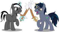 Size: 6730x3680 | Tagged: safe, artist:strategypony, oc, oc only, oc:dark obsidian, oc:midnight slate, pony, unicorn, brothers, duo, duo male, magic, male, playing, siblings, simple background, stallion, sword fight, telekinesis, transparent background, weapon, wooden sword