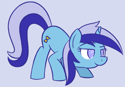 Size: 1764x1225 | Tagged: safe, artist:thematrixman, minuette, pony, unicorn, g4, 2016, blue background, face down ass up, female, lidded eyes, mare, old art, simple background, smiling, solo