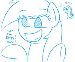 Size: 2160x1800 | Tagged: safe, artist:thematrixman, derpy hooves, rainbow dash, pegasus, pony, g4, :c, ableism, bully, bullying, derp, derpy hooves is not amused, duo, female, frown, monochrome, open mouth, rainbow douche, unamused