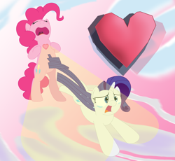 Size: 2405x2208 | Tagged: safe, artist:thematrixman, pinkie pie, rarity, earth pony, pony, unicorn, g4, bipedal, care bears, crying, duo, eyes closed, female, heart, high res, imminent vore, open mouth, wat