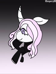 Size: 1537x2050 | Tagged: safe, artist:enperry88, fleur-de-lis, pony, unicorn, series:kensatober, series:mlp x toni kensa, g4, bedroom eyes, black and white, black background, clothes, collaboration, crossover, curved horn, dark color, floppy ears, gradient background, gray background, grayscale, handsome, horn, kensatober, long sleeved shirt, long sleeves, monochrome, pink background, raised hoof, shirt, simple background, splatoon, splatoon 3, stupid sexy fleur-de-lis, toni kensa, vest, white background, zipper