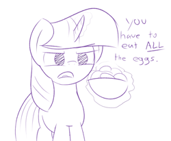 Size: 1280x1053 | Tagged: safe, artist:thematrixman, twilight sparkle, pony, unicorn, g4, egg, female, glowing, glowing horn, horn, magic, meme, monochrome, solo, telekinesis, unicorn twilight, you have to eat all the eggs