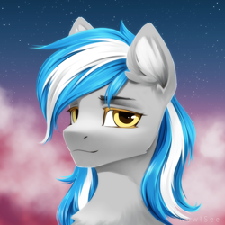 Size: 2500x2500 | Tagged: safe, artist:inowiseei, oc, oc only, oc:antimony, pony, bust, chest fluff, cloud, digital art, ear fluff, high res, looking at you, portrait, sky, smiling, smiling at you, solo, stars