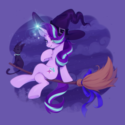Size: 2515x2515 | Tagged: safe, artist:ls_skylight, starlight glimmer, cat, pony, unicorn, :3, bell, bell collar, broom, chest fluff, collar, commission, crossed legs, eye clipping through hair, female, flying, flying broomstick, glowing, glowing horn, halloween, hat, high res, holiday, hoof on chest, horn, lens flare, looking at you, magic, mare, night, smiling, smiling at you, solo, tail, witch, witch hat, ych result