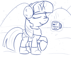 Size: 2299x1952 | Tagged: safe, artist:thematrixman, twilight sparkle, alicorn, pony, g4, clothes, coffee mug, earmuffs, eyes closed, female, levitation, magic, mary sue, monochrome, mug, scarf, snow, solo, telekinesis, twilight sparkle (alicorn)