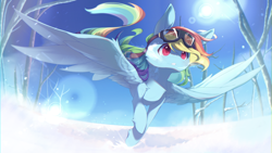 Size: 1080x607 | Tagged: safe, artist:merriie, rainbow dash, pegasus, pony, g4, female, flying, snow, solo, winter