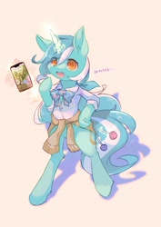 Size: 1240x1748 | Tagged: safe, artist:merriie, lyra heartstrings, pony, unicorn, g4, bipedal, cellphone, clothes, female, glowing, glowing horn, horn, phone, solo