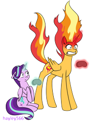 Size: 2448x2796 | Tagged: safe, artist:hayley566, starlight glimmer, sunset shimmer, alicorn, pony, g4, alicornified, angry, confused, controller, duo, female, fiery shimmer, fire, glowing, glowing horn, gritted teeth, high res, horn, magic, mane of fire, race swap, shimmercorn, simple background, sitting, starlicorn, teeth, transparent background, video game, xk-class end-of-the-world scenario
