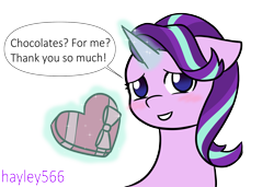 Size: 2133x1462 | Tagged: safe, artist:hayley566, starlight glimmer, pony, g4, blushing, bow, bowtie, chocolate, cute, female, floppy ears, food, glimmerbetes, glowing, glowing horn, heart, heart shaped box, hearts and hooves day, horn, lidded eyes, looking at you, magic, ponytober, present, simple background, smiling, solo, speech bubble, telekinesis, text, transparent background