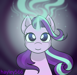 Size: 1841x1810 | Tagged: safe, artist:hayley566, starlight glimmer, pony, unicorn, g4, bust, dark background, digital art, ear fluff, eyelashes, female, glowing, glowing horn, horn, looking at you, magic, mare, ponytober, portrait, simple background, smiling, solo, sparkles, starry eyes, stars, wind, wingding eyes