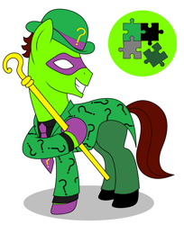 Size: 2160x2650 | Tagged: safe, artist:metal-jacket444, earth pony, pony, batman, bowler hat, cane, clothes, cutie mark, dc comics, edward nygma, frock coat, hat, high res, male, mask, necktie, ponified, puzzle, puzzle pieces, riddler, sadism, shirt, simple background, solo, suit, the riddler, white background