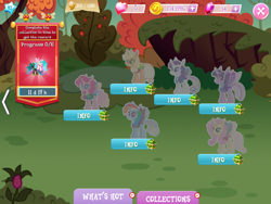 Size: 2048x1536 | Tagged: safe, gameloft, applejack, fluttershy, pinkie pie, princess celestia, rainbow dash, rarity, twilight sparkle, changedling, changeling, g4, my little pony: magic princess, coin, collection, english, gem, group, horn, insect wings, numbers, species swap, text, timer, wings