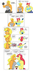 Size: 1427x3072 | Tagged: safe, artist:matchstickman, apple bloom, applejack, earth pony, anthro, matchstickman's apple brawn series, tumblr:where the apple blossoms, g4, abs, angry, apple brawn, applejacked, armpits, biceps, breasts, busty apple bloom, busty applejack, clothes, comic, deltoids, dumbbell (object), duo, faceoff, female, fingerless gloves, flexing, gloves, jealous, mare, muscles, muscular female, older, older apple bloom, pecs, simple background, speech bubble, triceps, tumblr comic, weights, white background