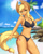 Size: 1825x2280 | Tagged: safe, artist:kironzen, applejack, earth pony, anthro, g4, beach, bedroom eyes, belly button, bikini, black bikini, black swimsuit, breasts, busty applejack, clothes, cloud, cowboy hat, detailed background, digital art, female, hat, ocean, palm tree, pose, sand, shoulder fluff, sky, solo, swimsuit, thighs, tree, water, wide hips