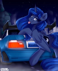 Size: 1800x2200 | Tagged: safe, artist:shadowreindeer, princess luna, alicorn, pony, g4, :p, bmw, bmw e46, bmw m3, butt, car, dock, lidded eyes, looking at you, looking back, looking back at you, need for speed, need for speed carbon, night, plot, raspberry, smiling, solo, tail, tongue out, underhoof