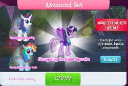 Size: 1284x856 | Tagged: safe, gameloft, rainbow dash, rarity, twilight sparkle, changedling, changeling, g4, my little pony: magic princess, advanced set, bundle, changedlingified, changelingified, costs real money, crack is cheaper, english, group, horn, insect wings, numbers, species swap, text, wings