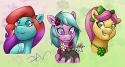 Size: 2800x1514 | Tagged: safe, artist:swasfews, dahlia, jazz hooves, posey bloom, earth pony, pony, g5, mane melody, my little pony: tell your tale, spoiler:g5, spoiler:my little pony: tell your tale, spoiler:tyts01e05, clothes, cute, female, flower, flower in hair, jewelry, necklace, ponytail, scarf, smiling, trio