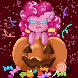 Size: 1280x1280 | Tagged: safe, artist:niveria25, pinkie pie, earth pony, pony, g4, candy, female, food, halloween, holiday, jack-o-lantern, pumpkin, solo