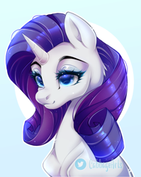 Size: 700x880 | Tagged: safe, artist:cabbage-arts, rarity, pony, unicorn, g4, bust, digital art, eyelashes, female, horn, looking back, makeup, mare, portrait, simple background, smiling, solo