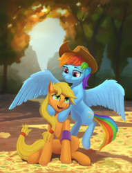 Size: 1966x2580 | Tagged: safe, artist:foxpit, applejack, rainbow dash, earth pony, pegasus, pony, g4, accessory swap, digital art, duo, happy, hat, high res, hug, open mouth, open smile, smiling, spread wings, tree, wings