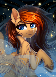Size: 2200x3000 | Tagged: safe, artist:hakaina, oc, oc only, oc:aerion featherquill, pegasus, pony, chest fluff, commission, ear fluff, female, fog, hoof fluff, looking at you, looking back, mare, mist, night, pale belly, raised hoof, slim, solo, spread wings, underhoof, wings, ych result