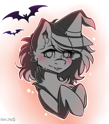 Size: 1500x1700 | Tagged: safe, artist:yuris, oc, oc only, bat, pony, blushing, commission, ears up, halloween, hat, holiday, smiling, solo, witch hat, ych sketch