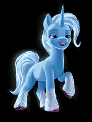 Size: 1536x2048 | Tagged: safe, artist:rollo32, trixie, pony, unicorn, g4, g5, my little pony: make your mark, black background, blue pony, female, g4 to g5, generation leap, great and powerful, mare, open mouth, simple background, solo, unshorn fetlocks