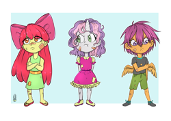 Size: 2039x1446 | Tagged: safe, artist:natt333, apple bloom, scootaloo, sweetie belle, human, g4, :t, angry, bandaid, bandaid on nose, bruised, chibi, clothes, cutie mark crusaders, dress, female, horn, horned humanization, humanized, pony coloring, pouting, sandals, shirt, shorts, t-shirt, torn clothes, trio, trio female, winged humanization, wings