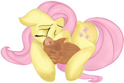 Size: 1024x691 | Tagged: safe, artist:starsongdusk, fluttershy, cat, pegasus, pony, g4, curled up, cute, duo, eyes closed, female, floppy ears, lying down, mare, prone, raised hoof, shyabetes, simple background, sleeping, stray (game), teary eyes, transparent background