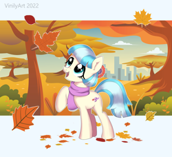 Size: 1112x1012 | Tagged: safe, artist:vinilyart, coco pommel, earth pony, pony, autumn, autumn leaves, city, cityscape, clothes, cocobetes, cute, female, leaves, mare, open mouth, open smile, park, raised hoof, scarf, smiling, solo, tree