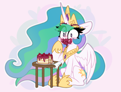 Size: 2542x1940 | Tagged: safe, artist:nekro-led, princess celestia, alicorn, pony, g4, abstract background, blushing, cake, cakelestia, crown, cute, cutelestia, eye clipping through hair, female, food, jewelry, mare, messy eating, ponytober, puffy cheeks, regalia, surprised, table, that pony sure does love cakes, wavy mouth, wings