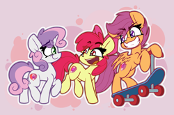 Size: 2814x1854 | Tagged: safe, artist:nekro-led, apple bloom, scootaloo, sweetie belle, earth pony, pegasus, pony, unicorn, abstract background, apple bloom's bow, bow, cute, cutie mark crusaders, eye clipping through hair, eyebrows, eyebrows visible through hair, female, filly, foal, gritted teeth, hair bow, looking at each other, looking at someone, open mouth, outline, ribbon, scooter, smiling, spread wings, teeth, the cmc's cutie marks, trio, white outline, wings