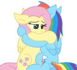 Size: 871x794 | Tagged: safe, artist:cmara, fluttershy, rainbow dash, pegasus, pony, g4, comforting, duo, female, floppy ears, folded wings, hug, lesbian, mare, ship:flutterdash, shipping, simple background, sitting, white background, wings