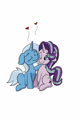 Size: 2000x3000 | Tagged: safe, artist:chedx, starlight glimmer, trixie, pony, unicorn, g4, couple, eye clipping through hair, eyes closed, female, floppy ears, happy, heart, hearts and hooves day, high res, hug, lesbian, one eye closed, ponytober, ship:startrix, shipping, simple background, smiling, white background