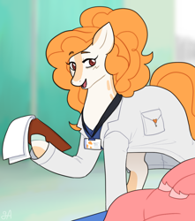 Size: 1034x1170 | Tagged: safe, artist:greenarsonist, oc, oc only, oc:marigold feverfew, earth pony, pony, clothes, coat, curly mane, curly tail, doctor, earth pony oc, lying down, ponytail, tail