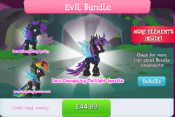 Size: 1280x855 | Tagged: safe, gameloft, rainbow dash, rarity, twilight sparkle, changeling, g4, my little pony: magic princess, bundle, changelingified, collection, costs real money, english, evil bundle, group, horn, insect wings, numbers, species swap, text, wings