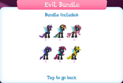 Size: 1263x854 | Tagged: safe, gameloft, applejack, fluttershy, pinkie pie, rainbow dash, rarity, twilight sparkle, changeling, g4, my little pony: magic princess, bundle, changelingified, collection, english, group, horn, insect wings, numbers, species swap, text, wings