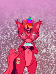 Size: 1620x2160 | Tagged: safe, artist:weegeepie-nightring, oc, oc only, oc:venus red heart, pony, unicorn, bipedal, birthday, birthday cake, birthday gift, cake, chest fluff, cute, female, food, glasses, hat, mare, markings, party hat, plate, solo, unshorn fetlocks