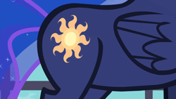 Size: 1920x1080 | Tagged: safe, screencap, princess luna, alicorn, pony, a royal problem, g4, season 7, 1080p, close-up, female, folded wings, mare, pictures of butts, solo, swapped cutie marks, wings