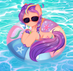 Size: 8000x7799 | Tagged: safe, artist:arwencuack, sunny starscout, earth pony, pony, g5, my little pony: a new generation, absurd resolution, fanart, female, floaty, glasses, mane stripe sunny, mare, solo, swimming pool