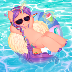 Size: 8000x8000 | Tagged: safe, artist:arwencuack, sunny starscout, alicorn, pony, g5, my little pony: a new generation, fanart, floaty, glasses, mane stripe sunny, race swap, solo, sunnycorn, swimming pool