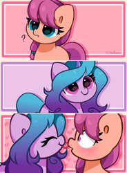 Size: 5184x7041 | Tagged: safe, artist:kittyrosie, izzy moonbow, sunny starscout, earth pony, pony, unicorn, g5, absurd resolution, blushing, cute, duo, female, izzybetes, lesbian, licking, mare, mlem, nose licking, ship:moonscout, shipping, silly, sunnybetes, tongue out
