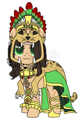 Size: 2033x3000 | Tagged: safe, artist:elberas, oc, oc only, oc:marenalaxochi, big cat, jaguar (animal), pony, unicorn, :3, aztec, bracelet, clothes, ear piercing, earring, eye scar, facial scar, female, headdress, high res, hoof shoes, jewelry, looking at you, mare, pelt, piercing, regalia, robe, scar, simple background, skirt, solo, tattoo, white background