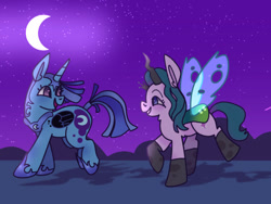 Size: 640x480 | Tagged: safe, artist:seven-coordinated-moths, nightmare moon, queen chrysalis, starlight glimmer, trixie, g4, clothes, costume, female, halloween, holiday, lesbian, looking at each other, looking at someone, moon, night, nightmare night, ship:startrix, shipping, socks, stars