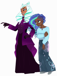 Size: 2540x3339 | Tagged: safe, artist:aztrial, misty brightdawn, opaline arcana, human, g5, spoiler:g5, spoiler:my little pony: make your mark, clothes, coat, cornrows, dark skin, dress, duo, eyeshadow, female, gloves, grin, high res, humanized, makeup, open mouth, pants, shirt, shoes, simple background, skirt, smiling, sweat, sweatdrop, sweating profusely, tan skin, white background
