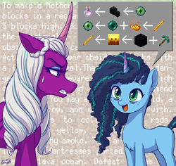 Size: 800x755 | Tagged: safe, artist:uotapo, misty brightdawn, opaline arcana, alicorn, dragon, enderdragon, pony, unicorn, g5, spoiler:g5, spoiler:my little pony: make your mark, bags under eyes, blaze (minecraft), blaze powder, blaze rod, cornrows, curved horn, diamond pickaxe, dragon's breath, duo, duo female, ender pearl, eye of ender, eyeshadow, female, freckles, gritted teeth, horn, instructions, makeup, mare, minecraft, obsidian, opaline arcana is not amused, open mouth, open smile, pickaxe, pictogram, slender, smiling, speech bubble, sweat, sweatdrop, talking, teeth, thin, unamused